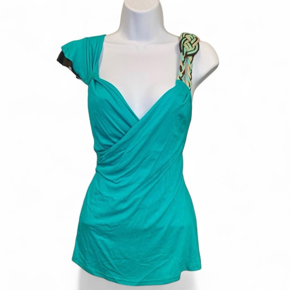 Show Girls Paris Blue Asymmetrical Wrap Blouse